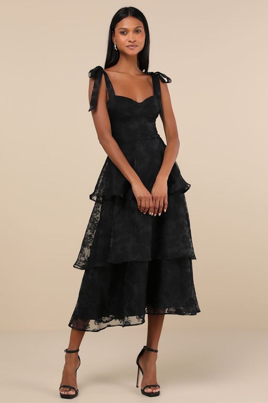 NWT Lulus Glamorous Sweetie Black Burnout Tie-Strap Bustier Midi Dress Formal M